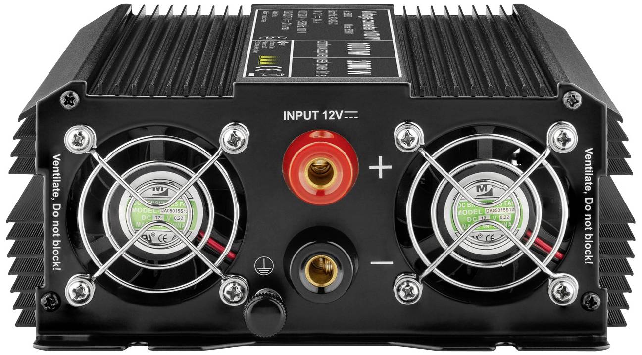 A 12V inverter from behind, showing two fans and connection terminals with positive and negative markings.