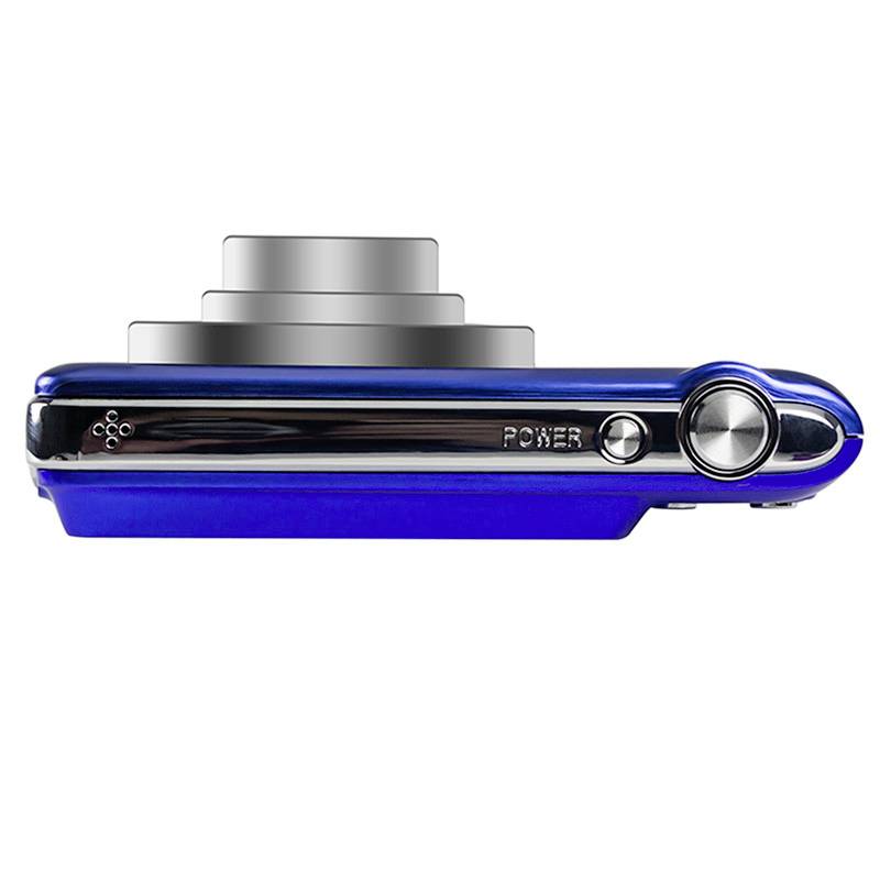 Digital camera viewed from the side with extended lens and blue casing, along with silver controls.