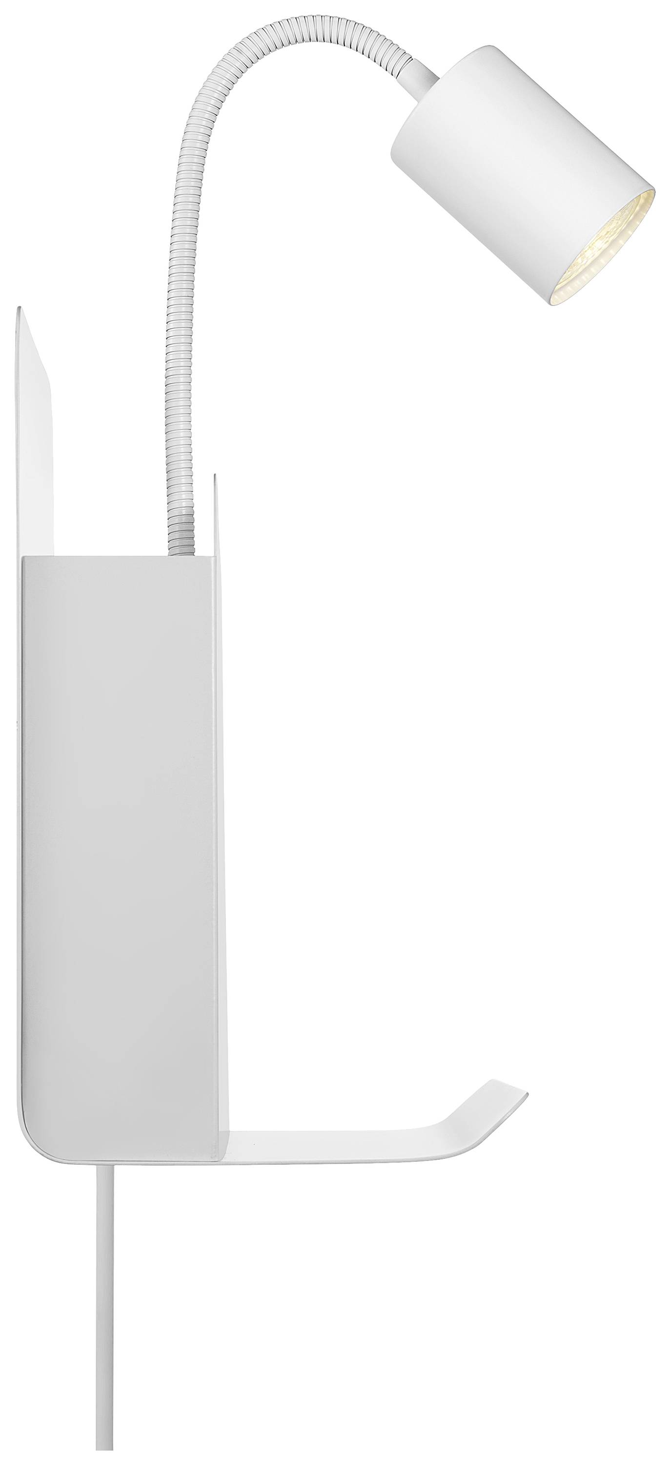 White wall light with flexible swan neck and curved mounting bracket. Modern design, suitable for reading corners or bedrooms.