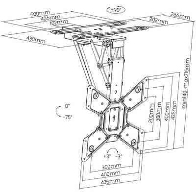 'Technical drawing of a mount with adjustable dimensions. Shows widths from 430mm to 500mm and height adjustment from 140mm to 175mm.'