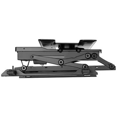 A height-adjustable sit-stand desk riser with two lever arms for adjusting the desk height, in black, with a lower storage shelf.