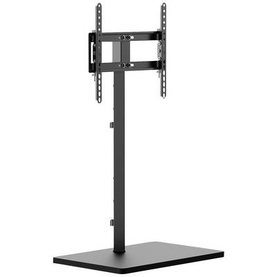 A black TV stand with an adjustable height mount and rectangular base, suitable for monitors or televisions.