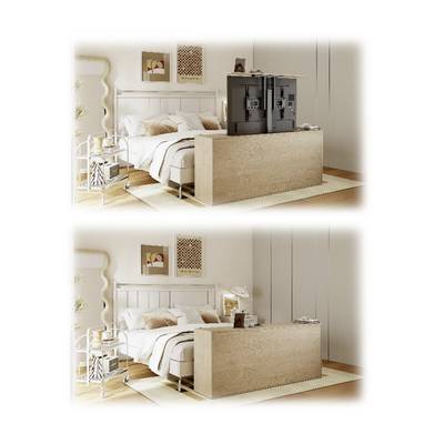 A bedroom shows two settings: firstly with an open, secondly with a closed TV storage unit at the foot of the bed.