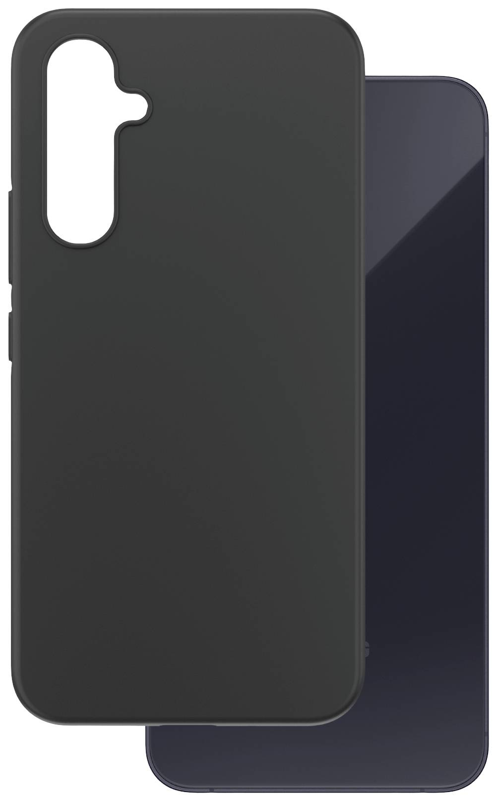 Black mobile phone case and smartphone. Mobile phone case is positioned at an angle, partially covering the smartphone.