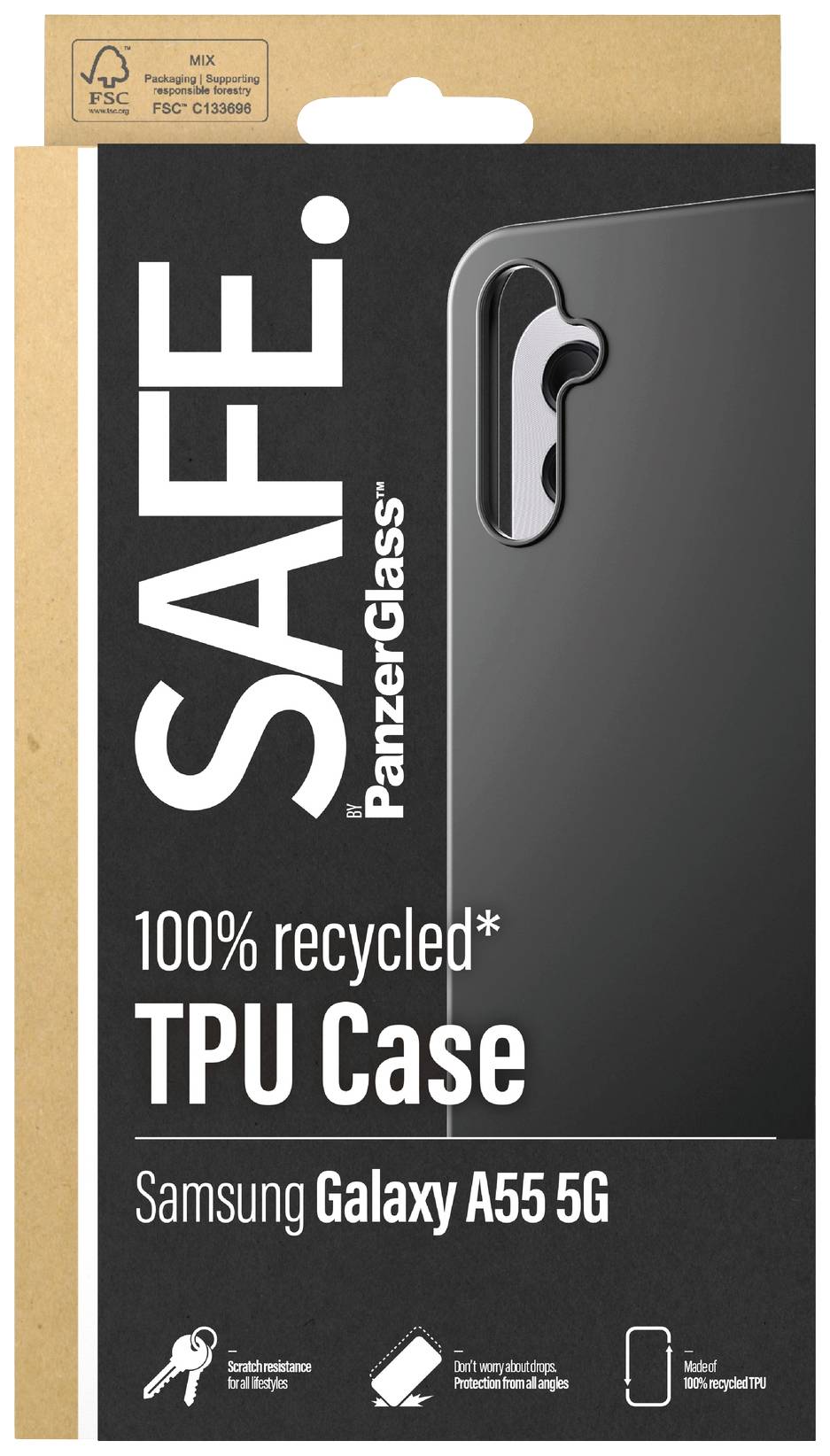 Black TPU protective case by PanzerGlass, manufactured from 100% recycled material, compatible with Samsung Galaxy A55 5G. Packaging with FSC logo.