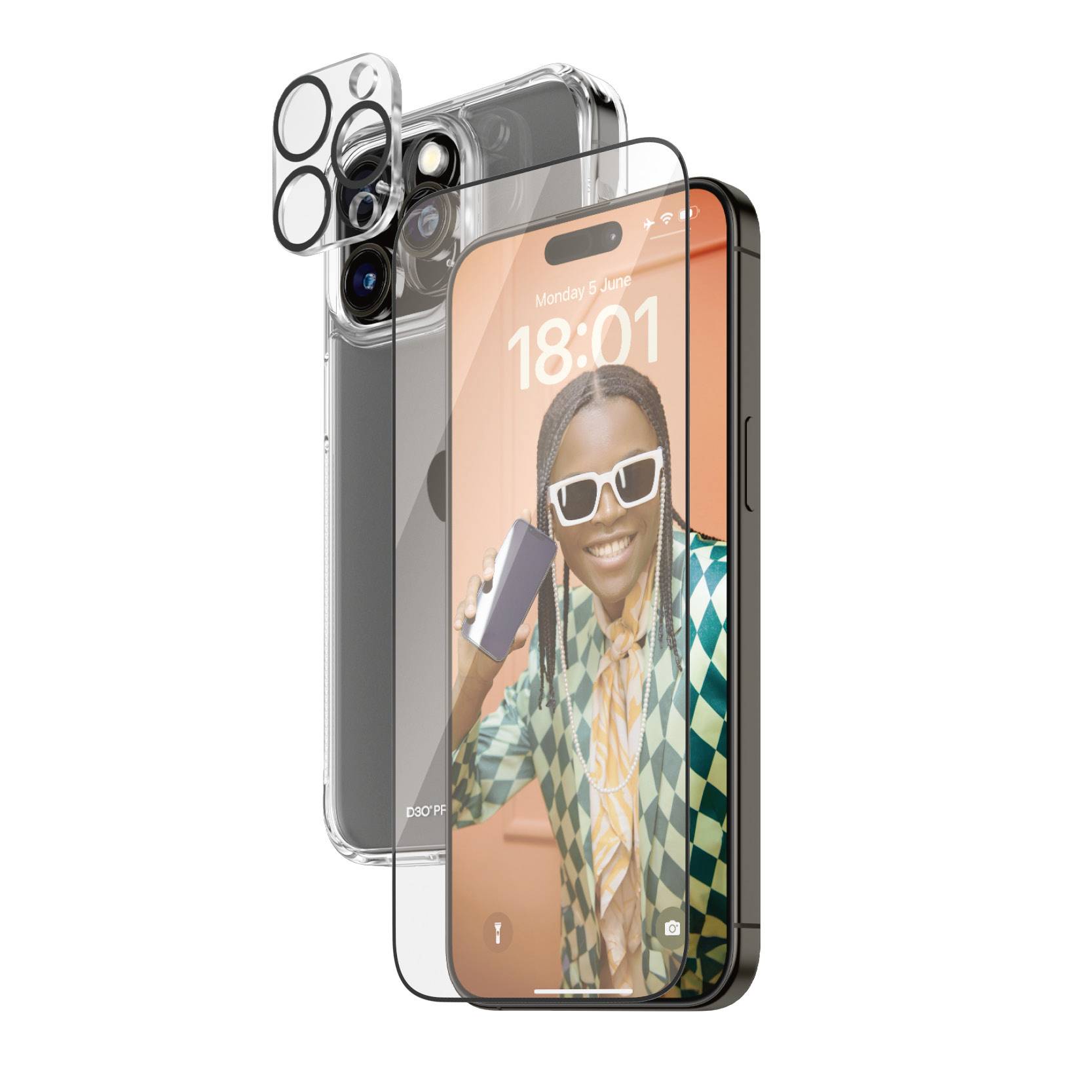 Screen protector and camera lens for smartphone, highlighting device and camera protection. Inviting image on screen, person with smartphone.