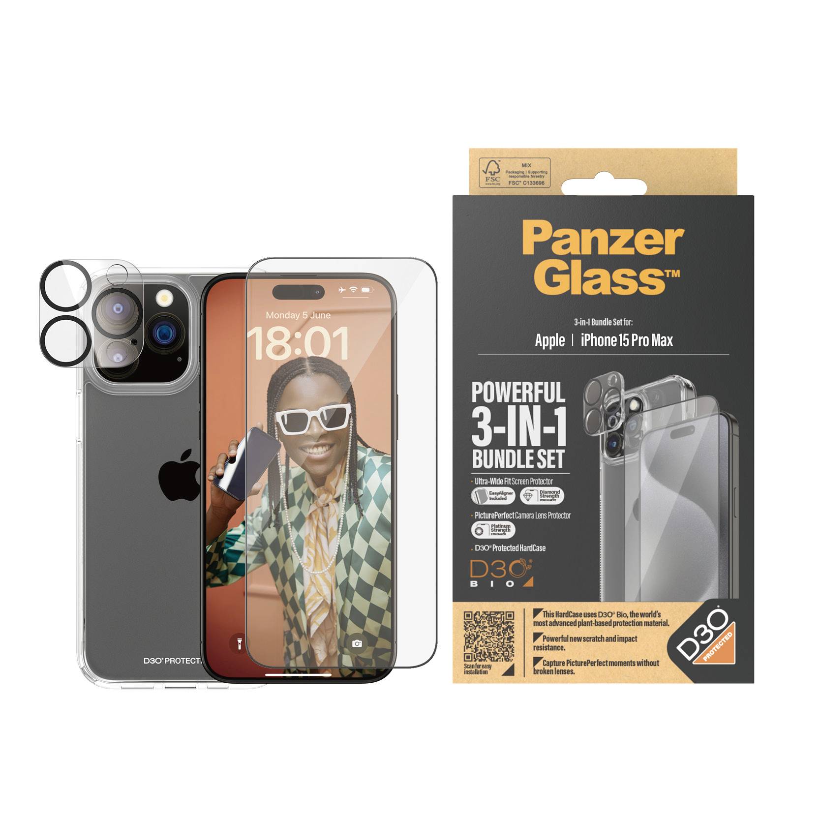 Packaging for a mobile accessory set for iPhone 15 Pro Max. Contains tempered glass, camera cover and protective case. Print: 'Powerful 3-in-1 Bundle Set'.