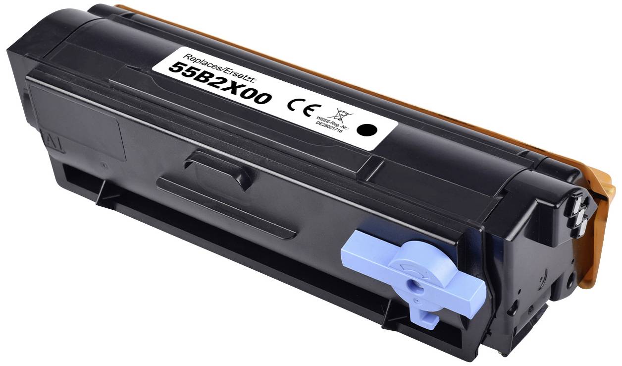Black toner cartridge with the inscription '55B2X00'. Suitable for laser printers, marked for recycling and compatible with CE standards.