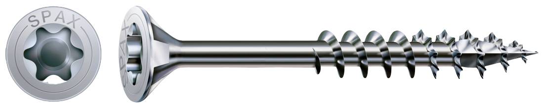A silver-coloured screw head with a star profile and sharp thread demonstrates the fixing solution by Spax.