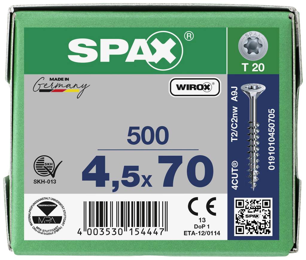 Packaging of a SPAX Screw T20, Size 4.5 x 70 mm, Pack of 500. Contains Test Mark and Barcode. Made in Germany.
