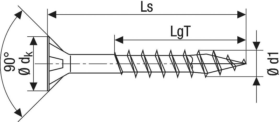 Screw Dimensional Drawing: shows the dimensions of a countersunk head screw with labels Ls, LgT, Ø dk, Ø d1 and an angle of 90°.