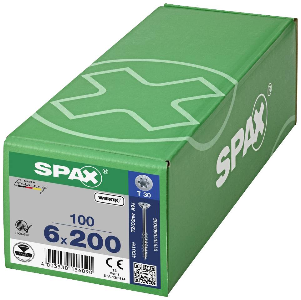Green packaging of SPAX screws. Contains 100 screws, size 6x200 mm. Produced in Germany.