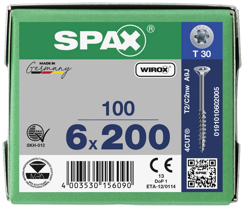 Box of 100 screws, size 6x200, SPAX brand, with QR code and note 'Made in Germany'