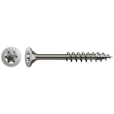 Metal screw with a hexalobular head and sharp thread. Top surface displays the word 'SPAX'. Suitable for wood connections.