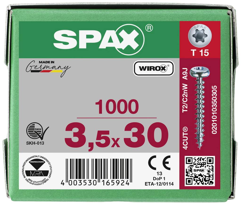 Packaging containing 1000 screws, size 3.5x30 mm, brand 'SPAX'. Notes indicating Wirox coating and manufacture in Germany.