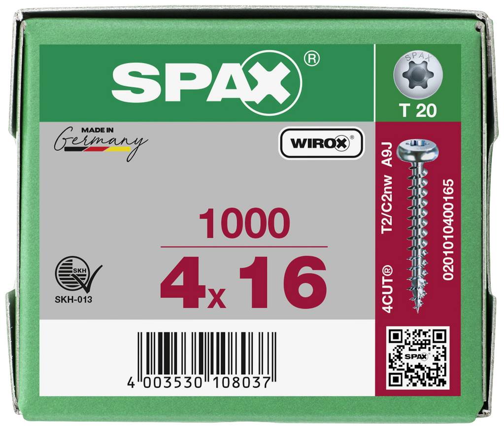 Green Spax box containing 1000 screws, size 4x16 mm, T20, 'Made in Germany'. Includes barcode and product details.