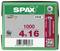 Green Spax box containing 1000 screws, size 4x16 mm, T20, 'Made in Germany'. Includes barcode and product details.
