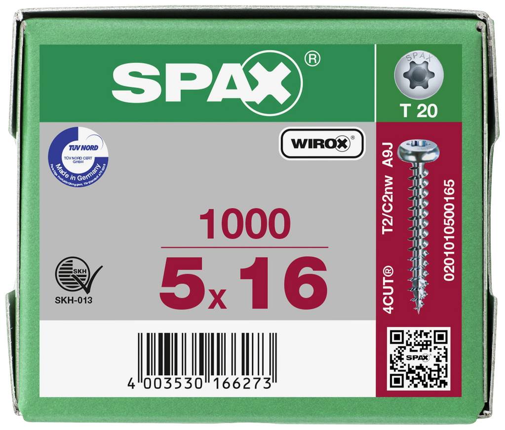 'Green SPAX box with 1000 Torx screws, size 5x16 mm. Contains TÜV and SKH certifications and barcodes.'