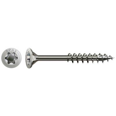 A silver wood screw head with a six-pointed pattern and 'SPAX' inscription, next to a long screw with sharp threads.
