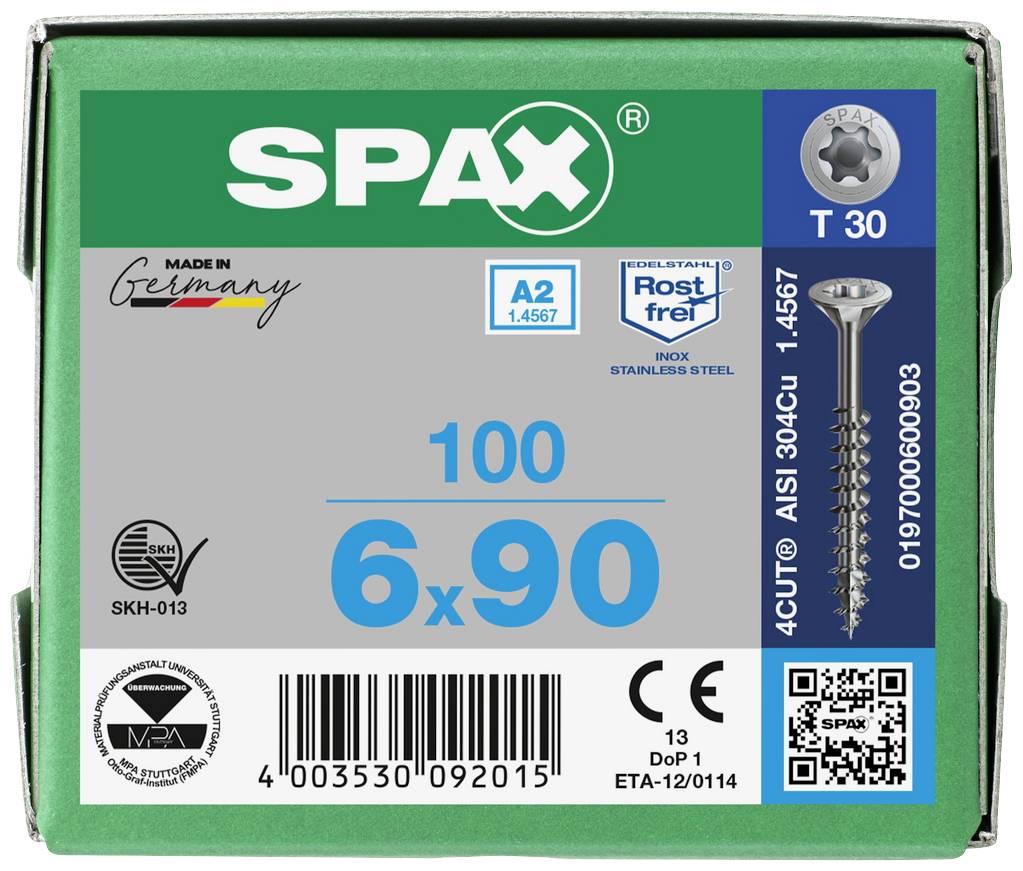 Packaging for a Spax Screw, T 30, A2 1.4567 Stainless Steel, Size 6x90 mm. Includes QR code and markings for German quality.