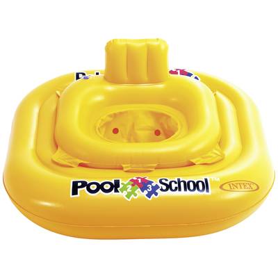 An inflatable yellow swimming aid for children with the inscription 'Pool School'. It has a seat and provides safety while swimming.