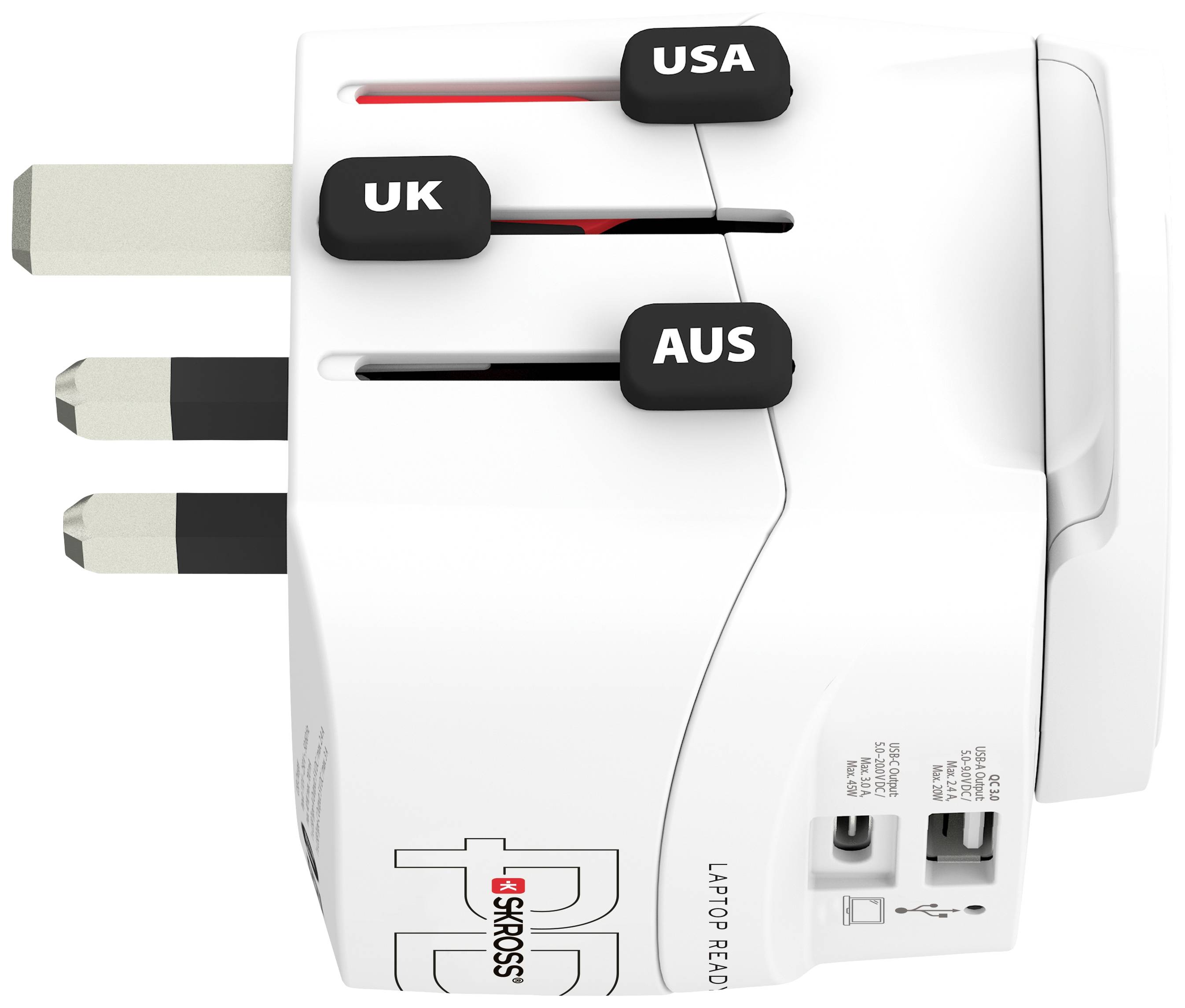 Universal travel adapter with plugs for the UK, USA, and Australia. Labelled 'LAPTOP READY'. Two USB ports available.