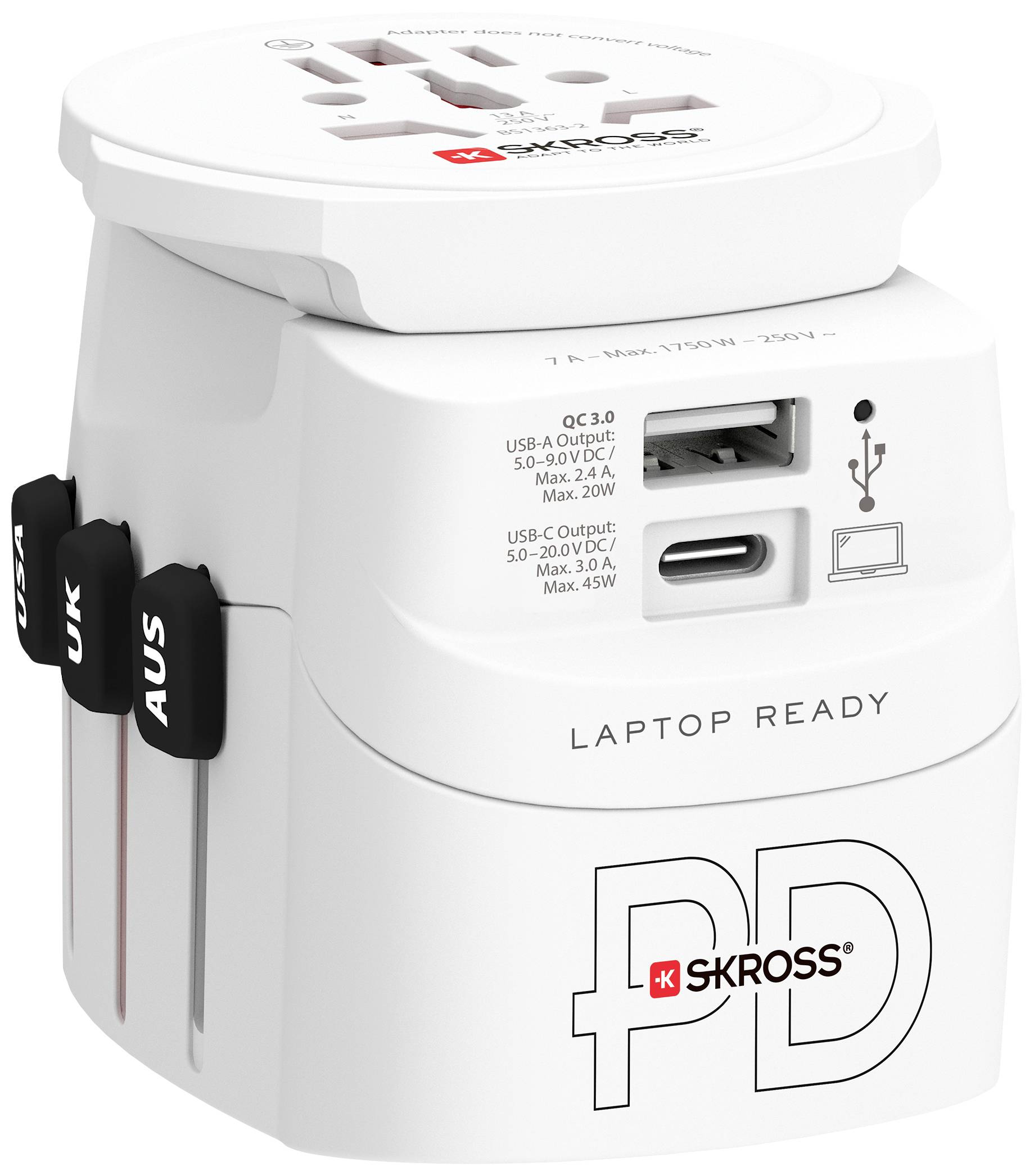 'White travel adapter by SKROSS brand with USB and USB-C ports and international power sockets for UK, Australia and Europe.'