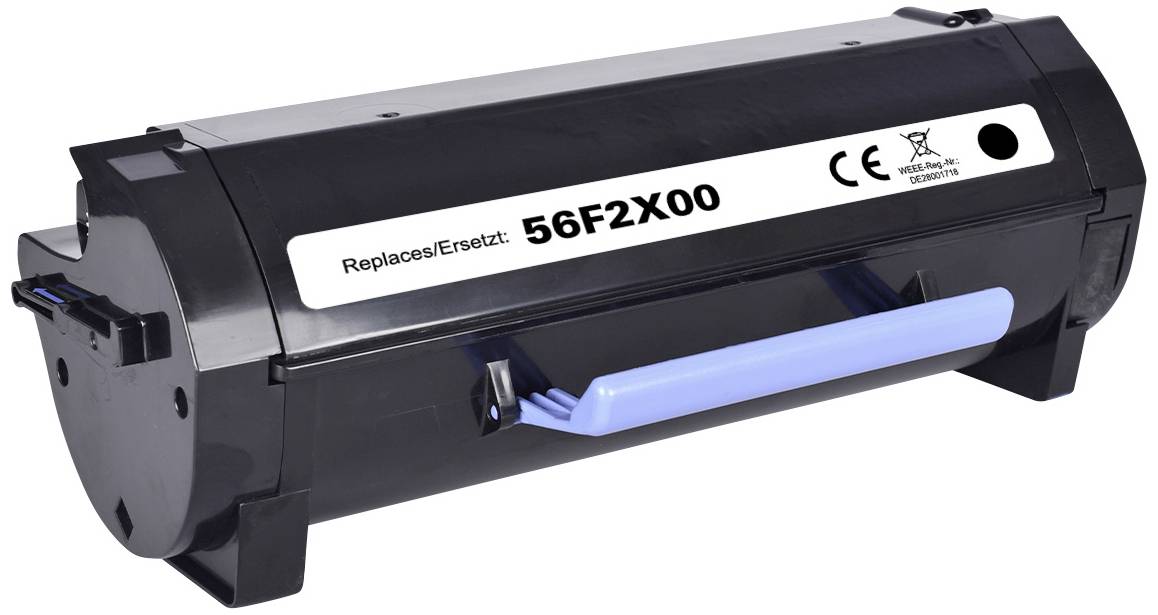 Toner cartridge with the inscription 'Replaces/Replaces: 56F2X00', black casing, blue handle, compatible with certain printer models.