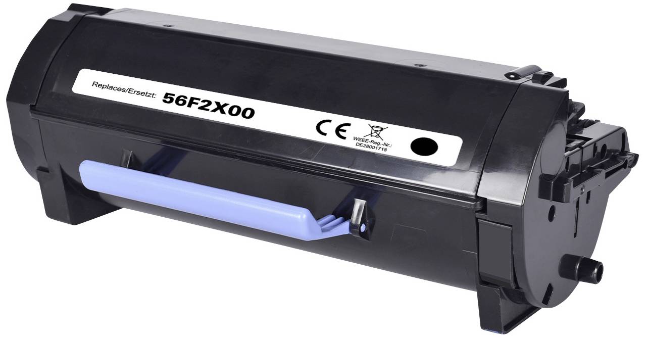 Black printer toner cartridge with blue grip strip, model number '56F2X00', compatible with specific printer models.