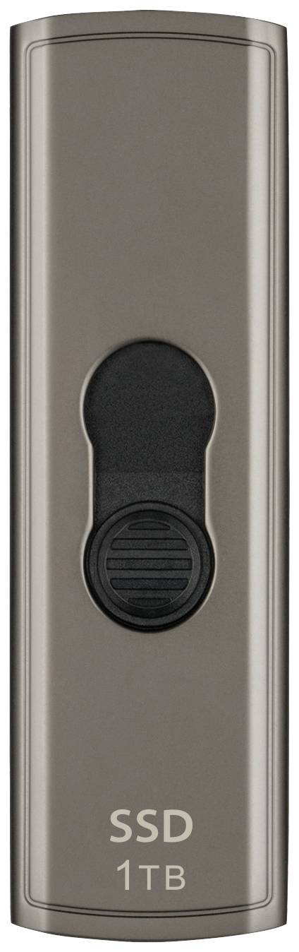External SSD with 1 terabyte capacity, rectangular shape, anthracite-coloured with a black button in the centre.
