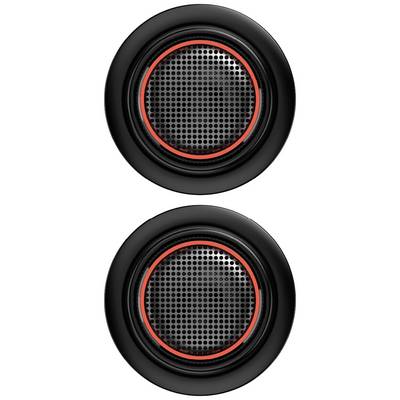 Two circular speaker grilles stacked on top of each other, black with a red border.