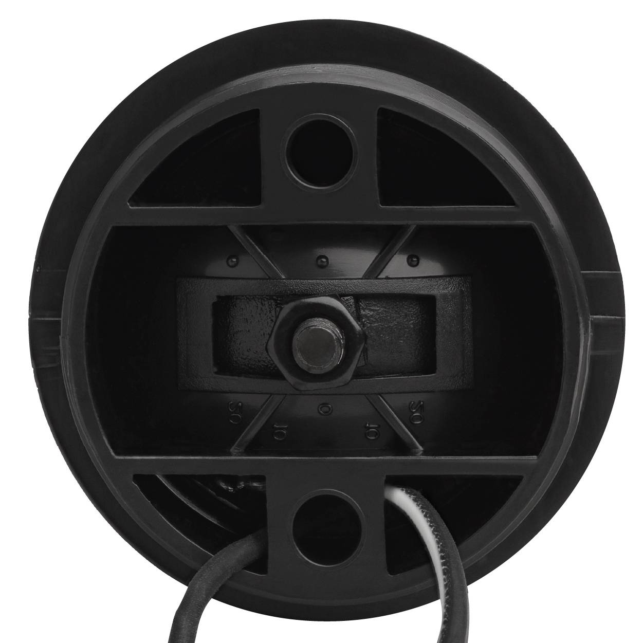 A black, cylindrical speaker viewed from below, with a visible hexagonal screw head in the centre and a wired connection.