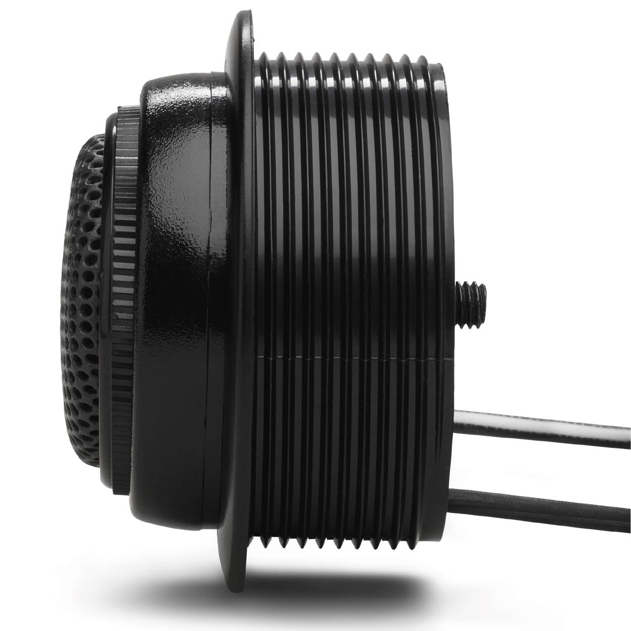 A black, ribbed lens adapter with a round front and two protruding cables on a white background.