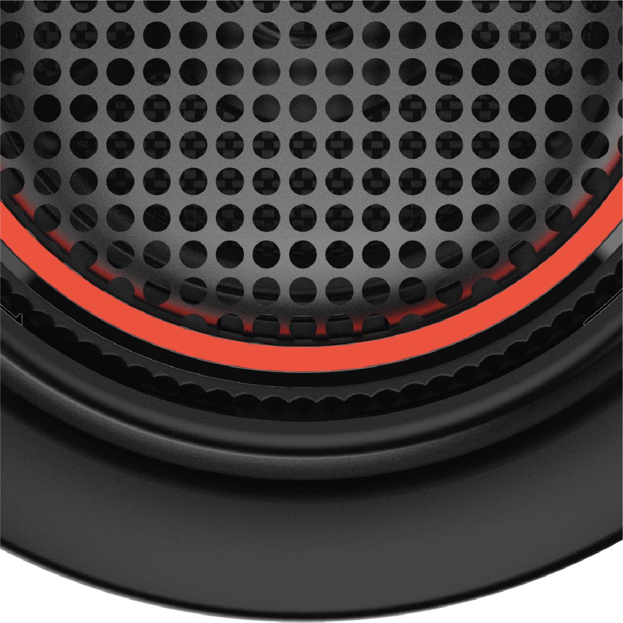 Close-up of a black speaker grille with a red accent.