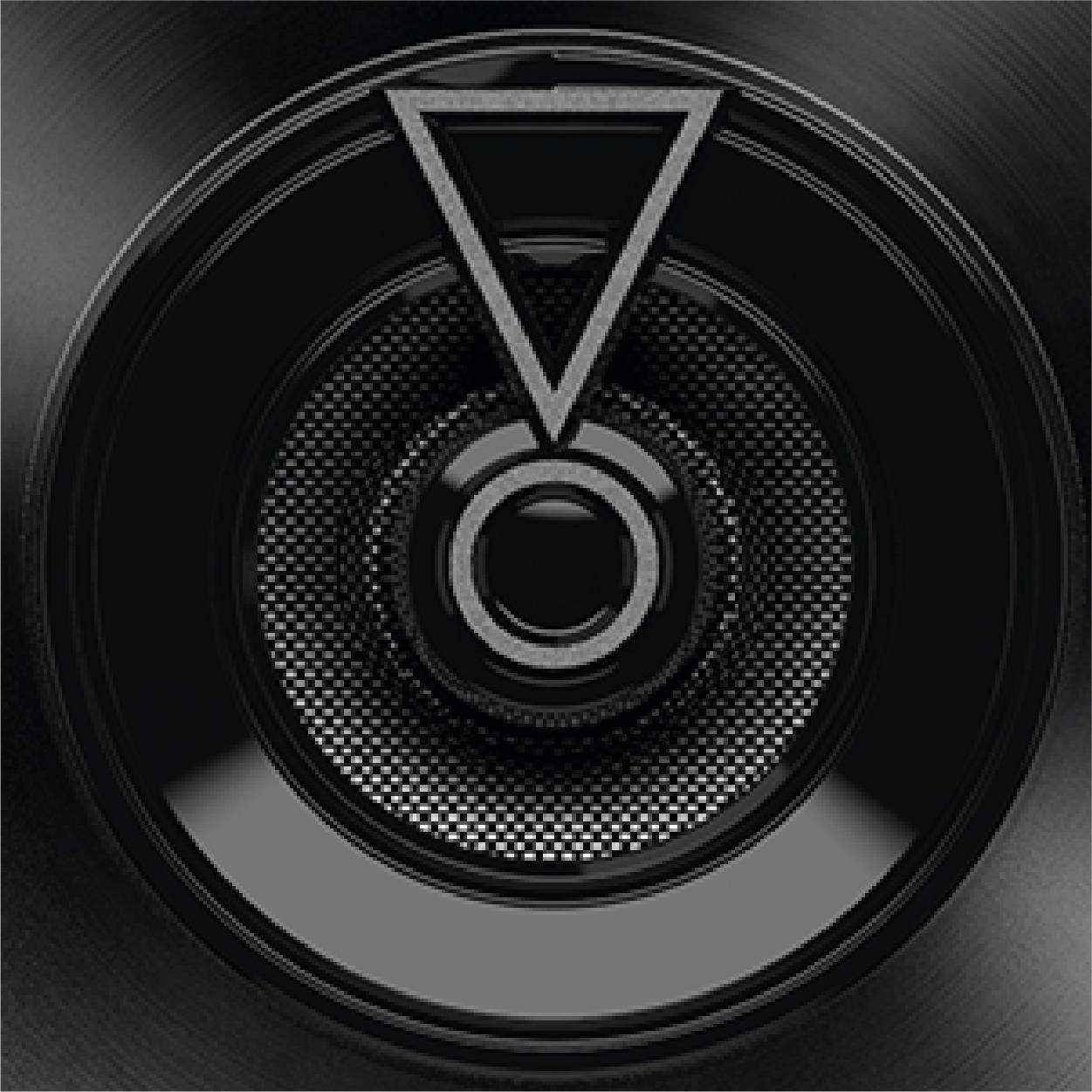 A black speaker with a geometric symbol, consisting of a triangle over a circle, positioned in the centre.