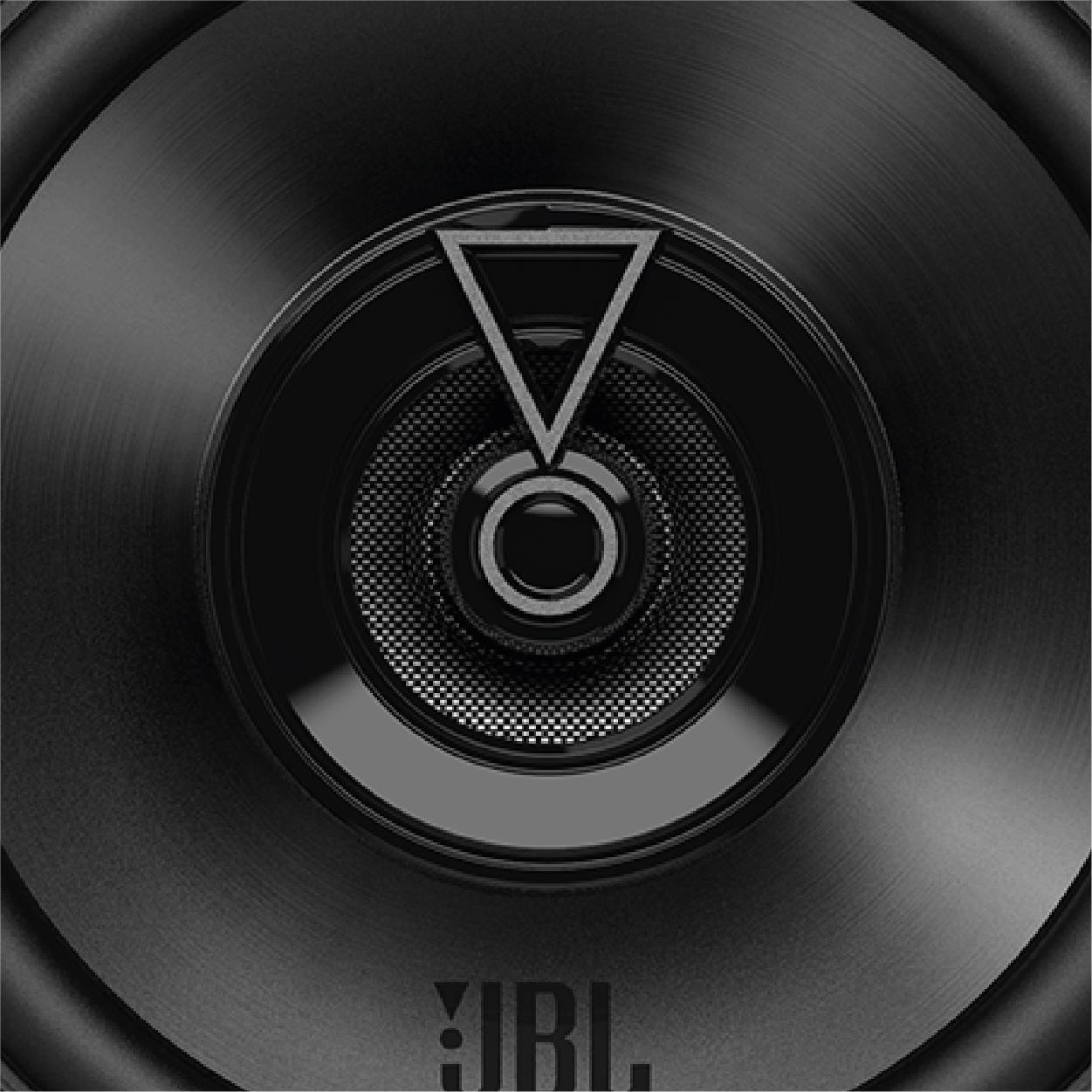 Loudspeaker membrane in close-up, showing the central grille and the brand logo underneath. Black and grey colour scheme.