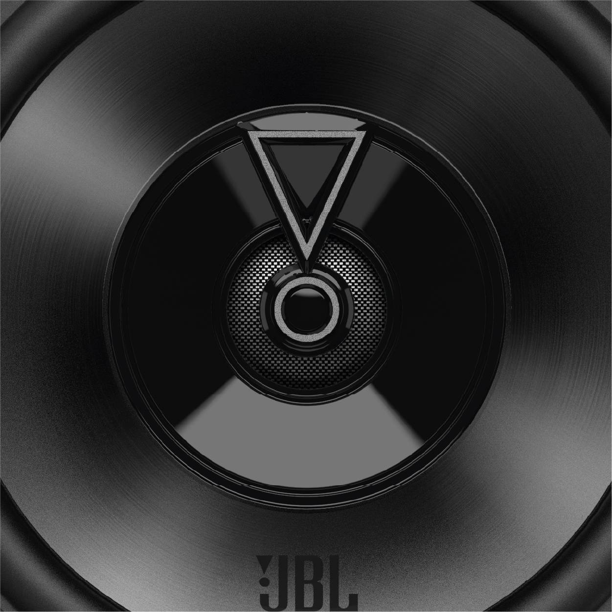 A black JBL speaker with a distinctive, circular membrane and a triangular symbol in the centre.