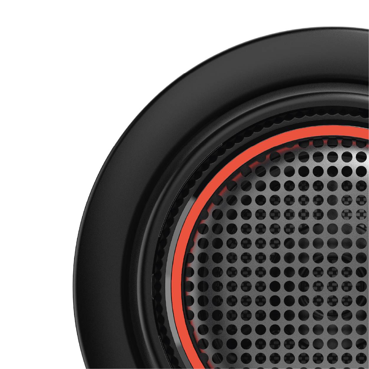 Close-up of a round speaker with a delicate mesh grille pattern and a red ring bordering the edge of the grille.