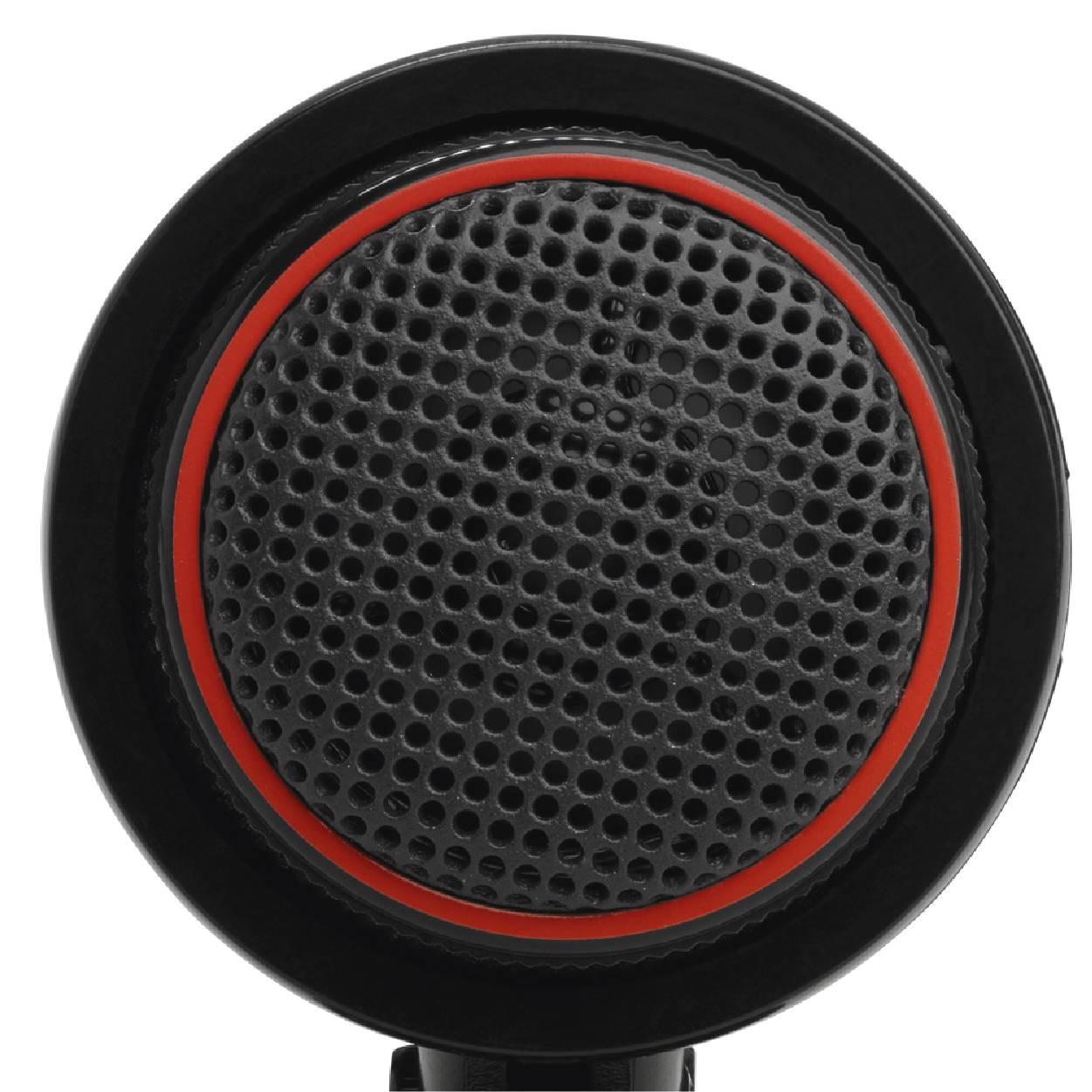 Close-up of a black and red speaker grille.