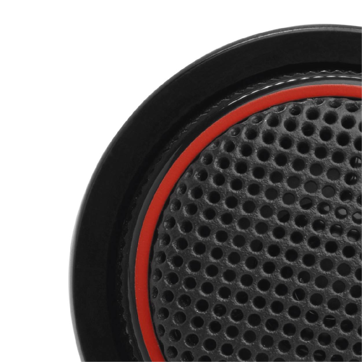 Close-up of a round speaker with a black grille and red trim.