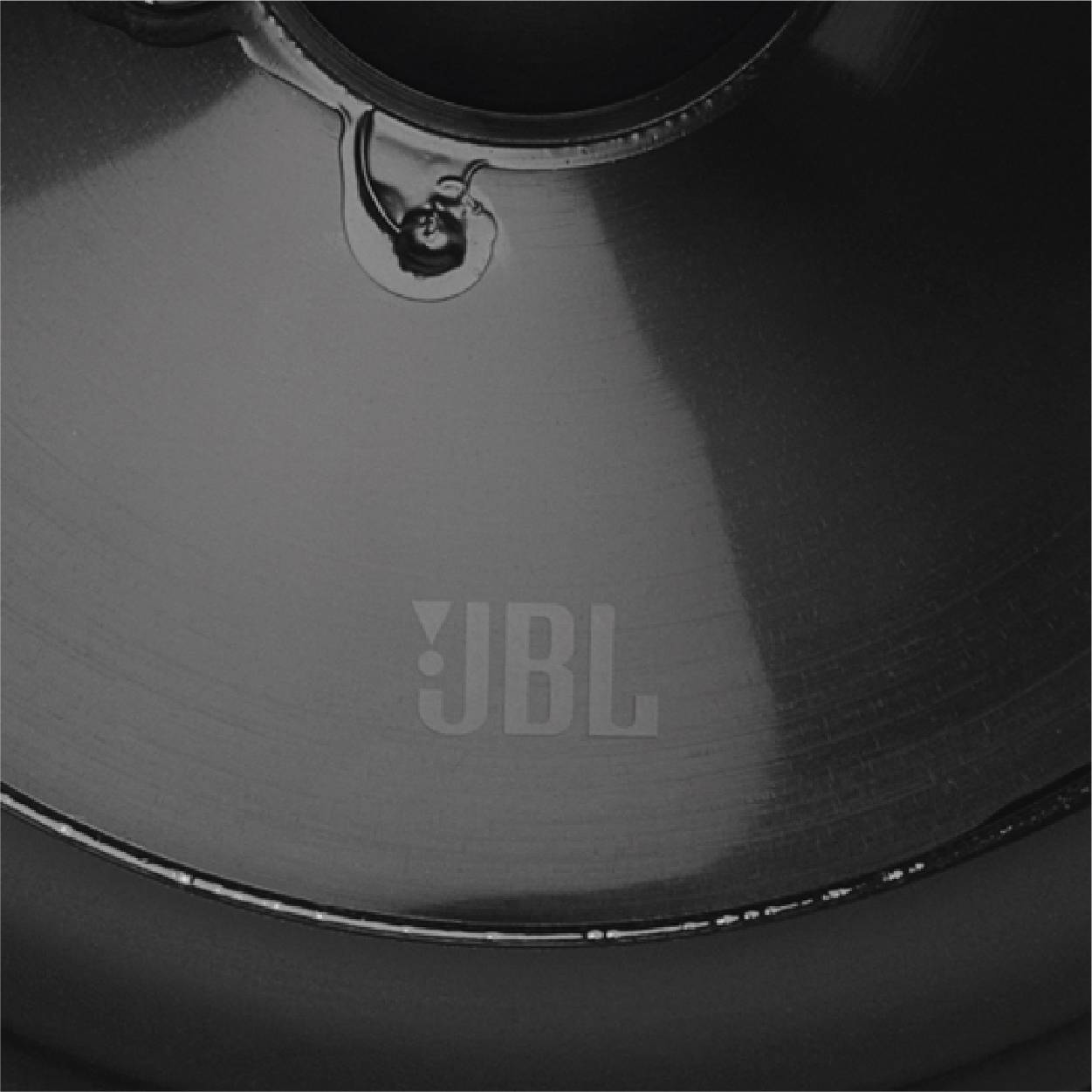 Close-up of a speaker with the JBL logo in the centre, showing a shiny metallic structure and detailed craftsmanship.