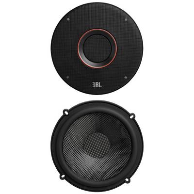 Two round speakers of different designs. At the top, a tweeter with a red ring, below a woofer with a honeycomb structure.