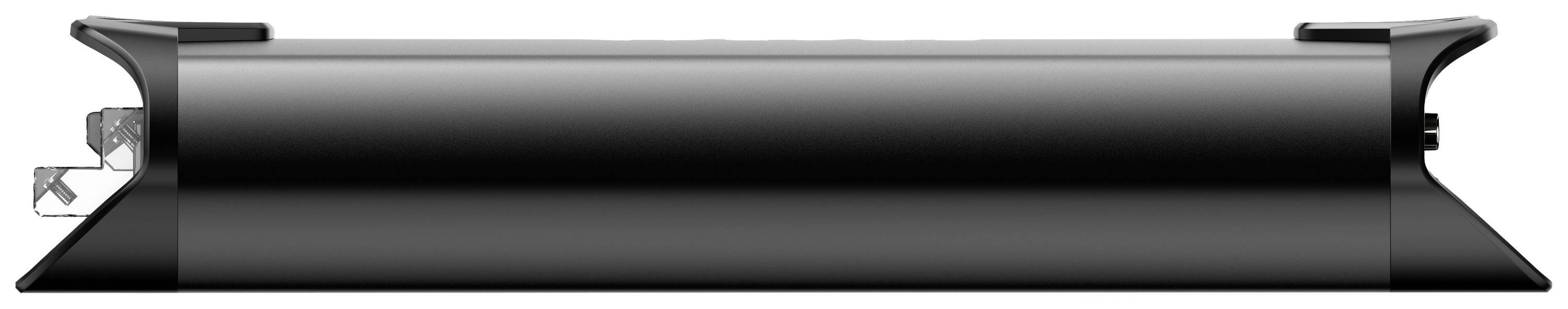 A black cylindrical speaker with rounded edges, shown in a horizontal view.