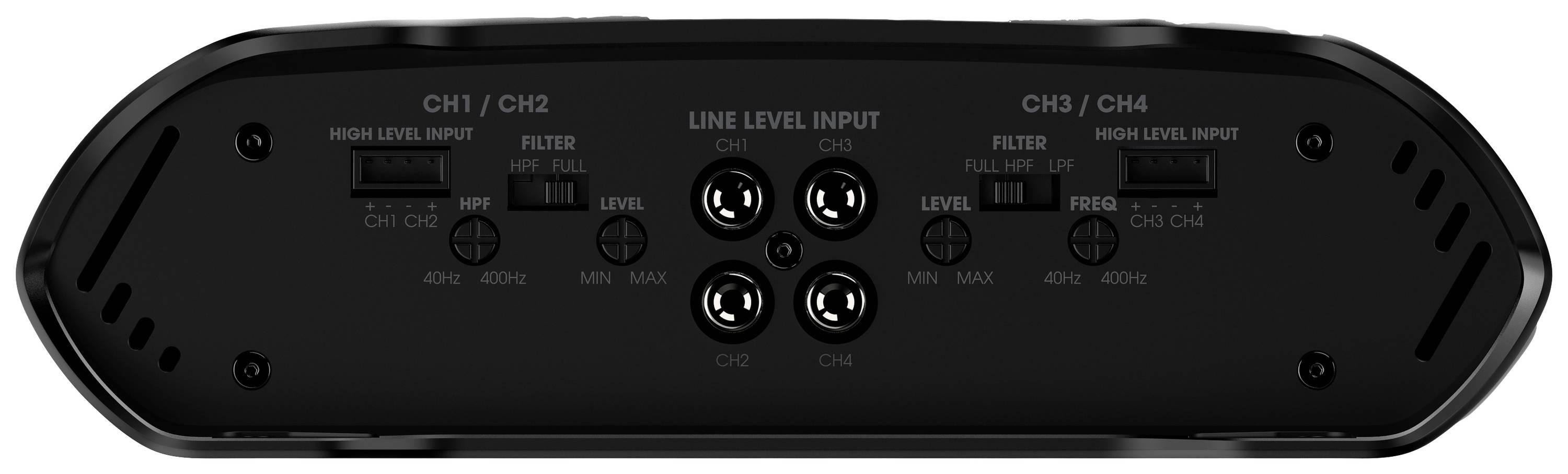Back of an audio amplifier with four XLR line-level inputs, controls for input level and frequency, along with buttons for filters and high-level input.