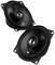 Two black speakers, shown in close-up, with circular design and central voice coils, on a white background.