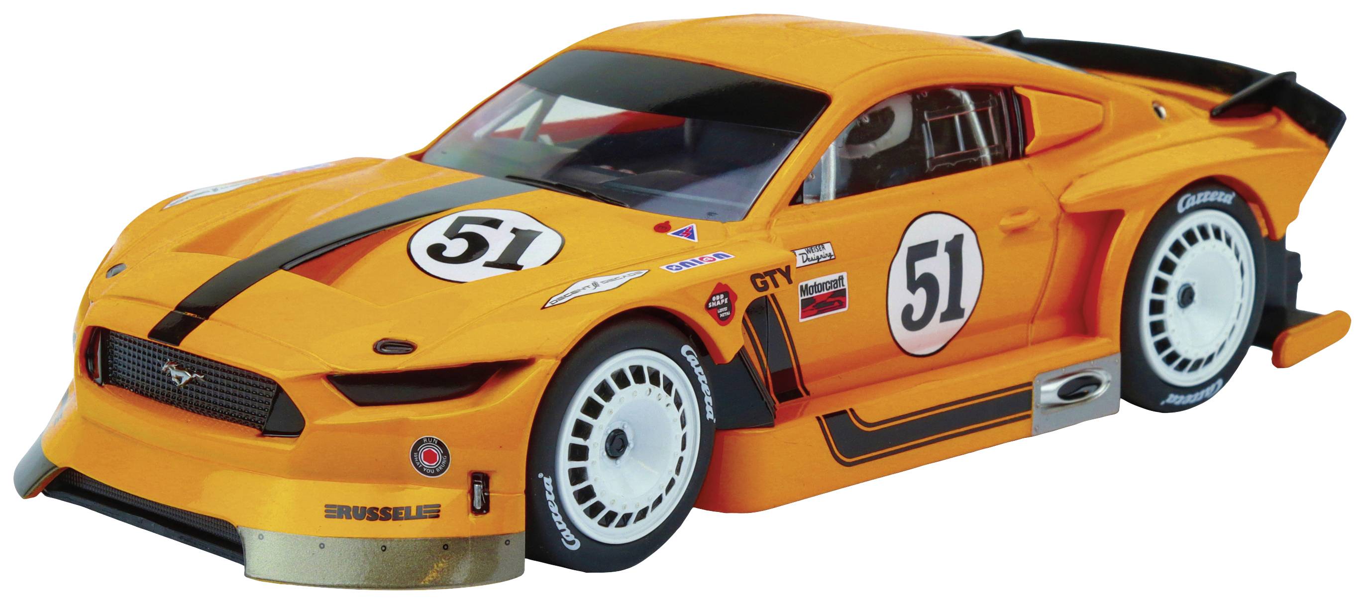 An orange racing car model with the race number 51 on the door, designed for motor racing. Distinctive front bumper and sporty details.
