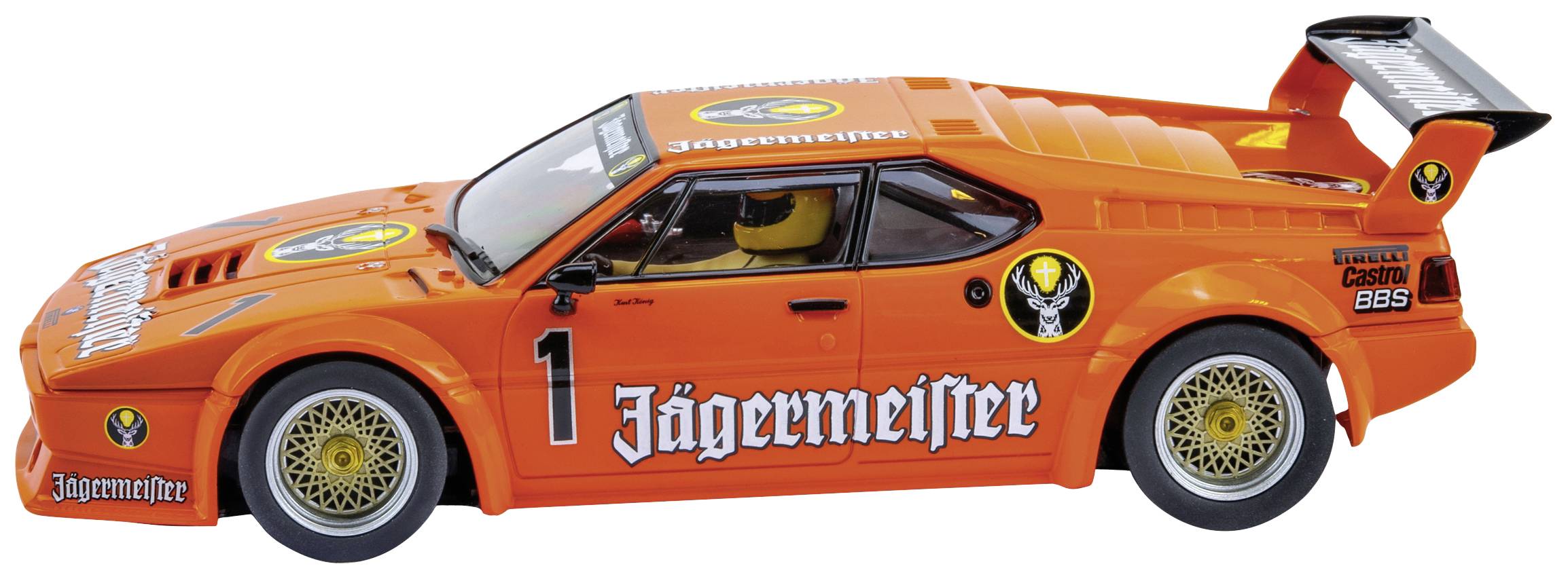An orange toy racing car with 'Jägermeister' branding, a black spoiler, and yellow wheels, set against a white background.