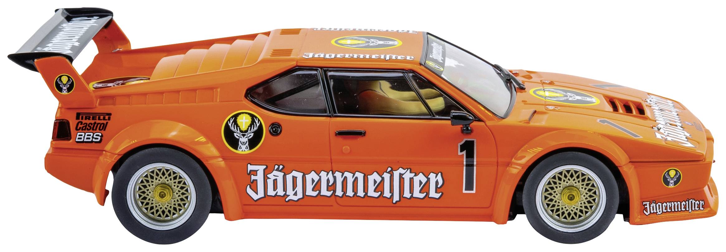 An orange racing car model with a Jägermeister logo, large rear wing, and race number one on the side.