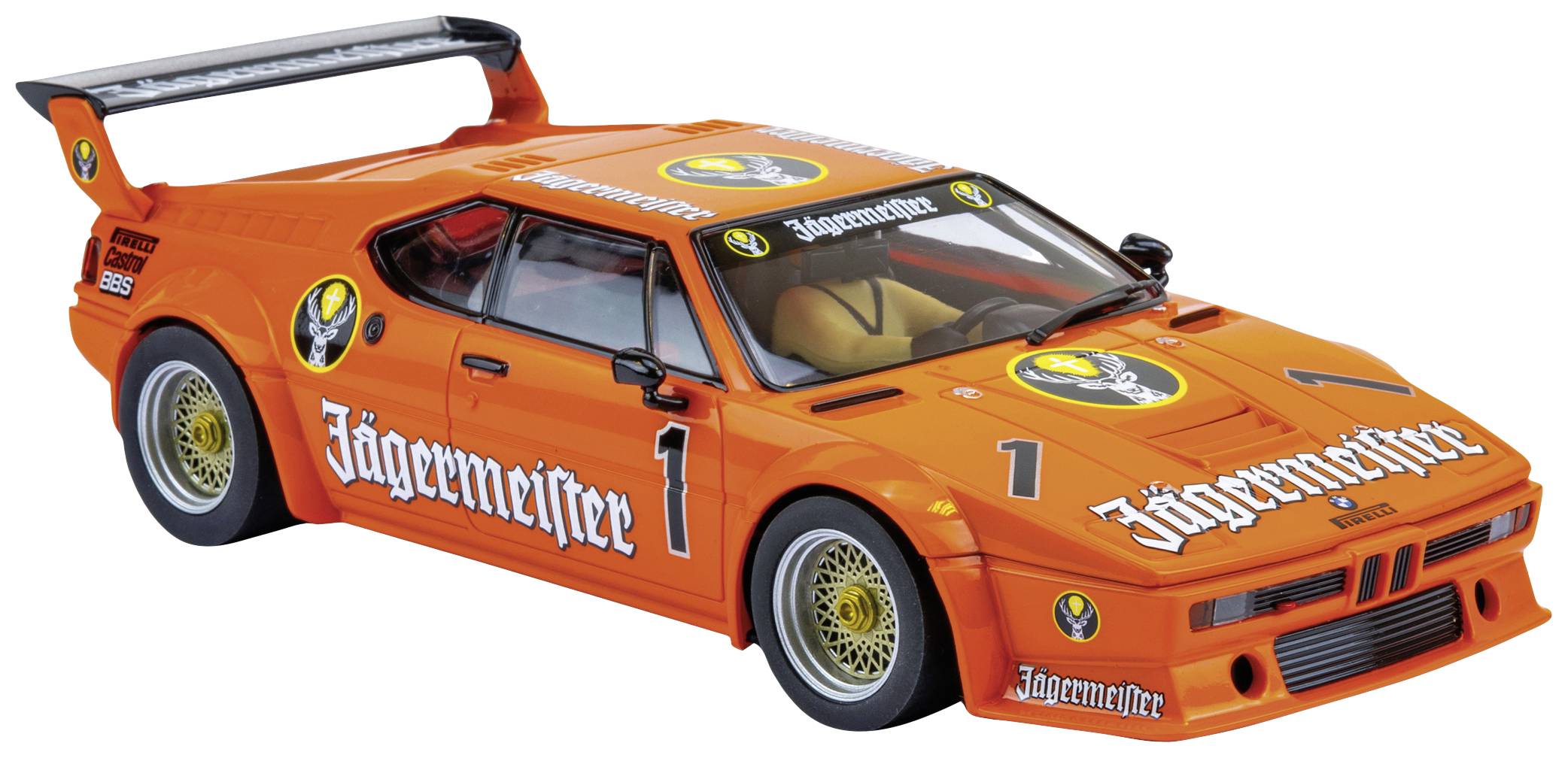 An orange model racing car with the 'Jägermeister' logo and race number 1. The car has a large rear spoiler.