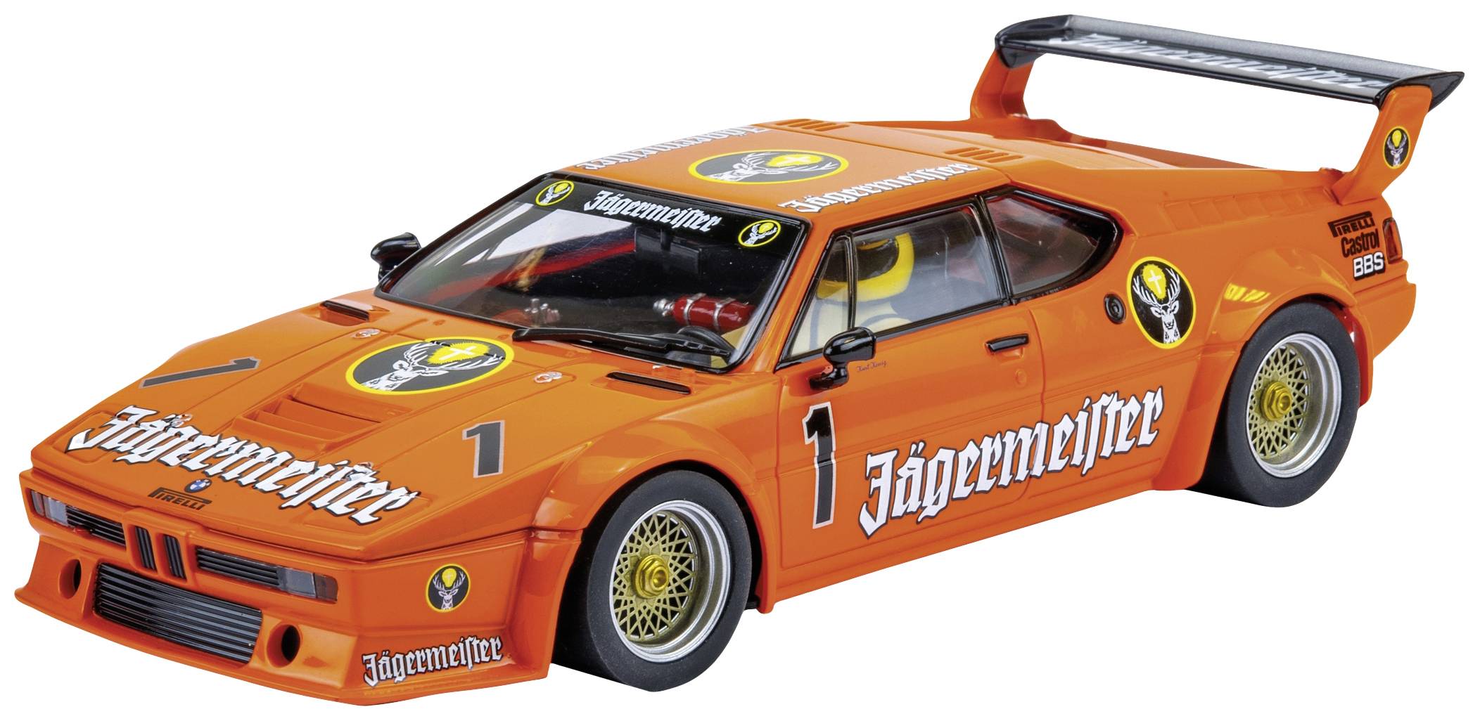 An orange racing car with prominent Jägermeister logos on the bodywork. It has a distinctive rear spoiler and sporty wheels.